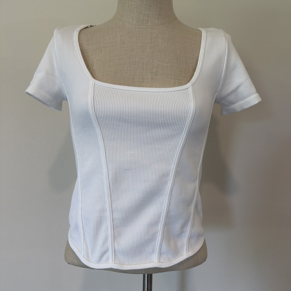 White Ribbed Bustier Crop Top Short Sleeve‎ Corset Style Size Large 13-14